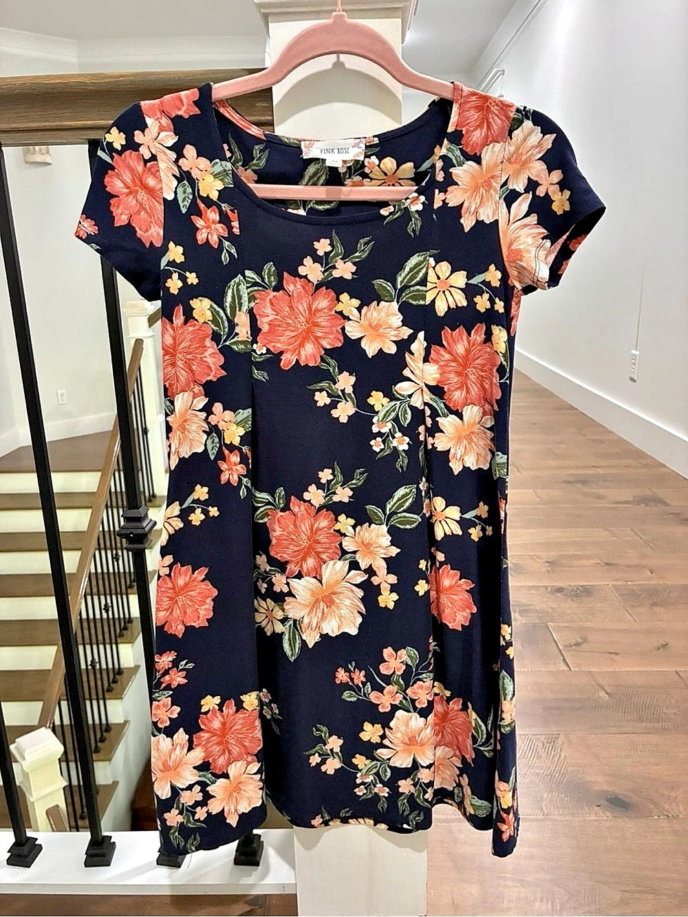 Pink Rose Floral Mini Dress in Blue & Orange